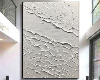 Large White 3D Textured Wall Art White Minimalist Art Original White Texture Abstract Art White Sea Waves Art Seascape Painting Bedroom Art