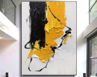 Large Yellow Textured Abstract Painting Original Black And White Oil Painting On Canvas Hand Painted Yellow Minimalist Art Sofa Wall Art