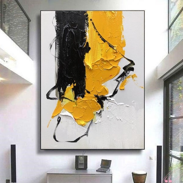 Large Yellow Textured Abstract Painting Original Black And White Oil Painting On Canvas Hand Painted Yellow Minimalist Art Sofa Wall Art