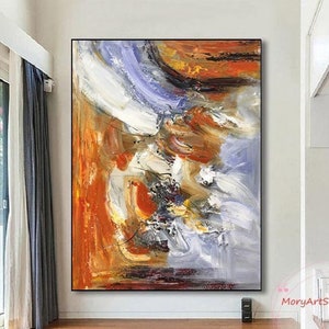 Large Abstract Brown Blue Oil Painting Oversized Orange Abstract Textured Canvas Wall Art Contemporary Brown Wall Art Living Room Wall Art image 1
