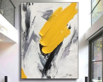 Large Minimalist Abstract Painting Yellow Abstract Canvas Art Black White Wall Art Minimalist Art Grey Textured Painting Office Wall Decor