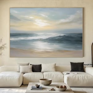 Original Blue Sea Abstract Oil Painting Ocean Waves Texture Painting Large Sky And Sea Painting Large Sunset Canvas Painting Living Room Art