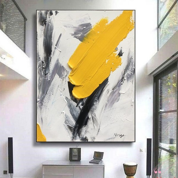 Large Minimalist Abstract Painting Yellow Abstract Canvas Art Black White Wall Art Minimalist Art Grey Textured Painting Office Wall Decor