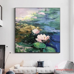 Large Original Lotus Oil Painting Impasto Water Lilies Art Claude Monet Water Lily Oil Painting Modern Acrylic Landscape Painting Office Art