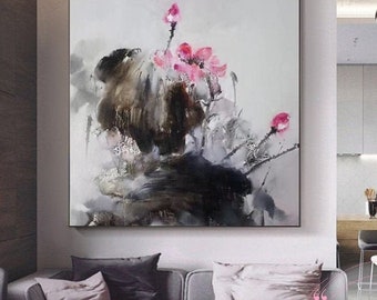 Extra Large Blossoms Pink Lotus Painting Original Chinese Ink Lotus Painting Hand Painted Asian Lotus Wall Art Flower Watercolor Art Gift