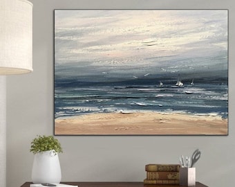 Large Original Sea Abstract Painting Blue Ocean Painting Large Sky And Sea Painting Beach Oil Painting Bedroom Wall Art Sea Texture Painting