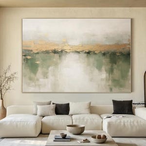 Wabi-Sabi Wall Art Large Green Abstract Canvas Art Green Beige Textured Painting Gold Leaf Abstract Minimalist Painting Boho Wall Art Decor