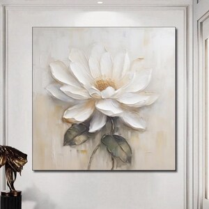3D originele witte roos bloem schilderij grote abstracte bloemen getextureerde muur kunst minimalistische Impasto muur decor cadeau voor haar Aangepast schilderij