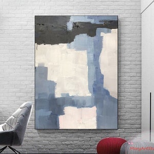 Large Blue Abstract Painting Original Black Abstract Wall Art For Living Room 3D Texture Painting White Minimalist Painting For Living Room