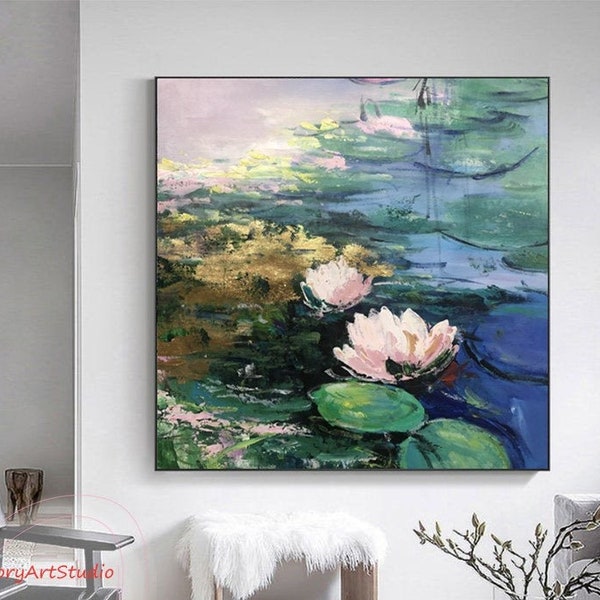 Large Original Lotus Oil Painting Impasto Water Lilies Art Claude Monet Water Lily Oil Painting Modern Acrylic Landscape Painting Office Art