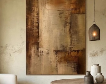 Grande pintura abstrata marrom marrom Wabi-Sabi arte de parede medieval preta pintura marrom decoração de parede minimalista preta arte de parede marrom escuro