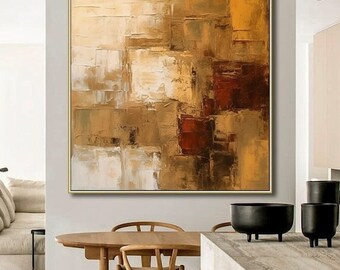 Large abstract brown texture oil painting, modern brown yellow mixed oil painting, oversized minimalist decorative painting, living room art