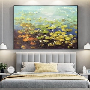 Lotus Flower Paintings On Canvas Water Lilies Oil Painting Modern Floral Canvas Wall Art Large Green Lotus Abstract Original Impasto Art