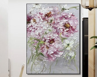 Pink Flower Oil Painting On Canvas Original Acrylic Textured Floral Wall Art Abstract Blossom Pink Flower Landscape Painting Gift Wall Decor