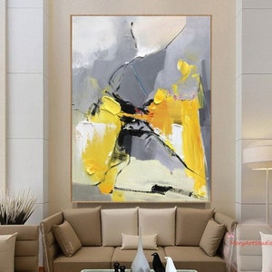 Large Yellow Textured Oil Painting Gray Minimalist Abstract Wall Art Hand Painted Color Abstract Painting On Canvas Large Vertical Art Gift
