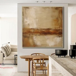 Oversize Brown Beige Minimalist Wall Art Large Retro Brown Abstract Painting Original Sunset Landscape Canvas Art Modern Bedroom Wall Decor