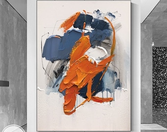 Large Abstract Blue Painting Colorful Painting On Canvas Orange Abstract Canvas Wall Art White Modern Minimalist Original Art Wall Decor