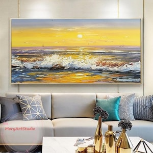 Sunrise Oil Painting On Canvas Original Sea Waves Ocean Oil Painting Large Abstract Seascape Canvas Wall Art Yellow Seascape Painting Gift