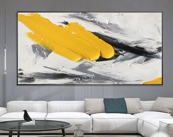 Large Original Yellow Abstract Oil Painting Modern White Wall Art Yellow Textured Canvas Art Black Painting Large Hand Painted Mural Art
