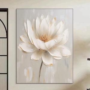 Grote witte roos getextureerde olieverfschilderij, witte minimalistische bloem landschap canvas muurkunst, 3D witte bloemen kunst aan de muur, decoratie woonkamer interieur