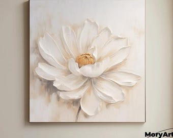 White 3D Flower Oil Painting on Canvas,Modern Flower Acrylic Art,White Lily Wall Art,Handmade Flower Art,Blooming Flower Oil Painting,Gift