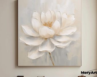 Large 3D White Blooming Flower Textured Painting White Floral Abstract Wall Art Original Floral Wall Decor Minimalist White Flower Painting