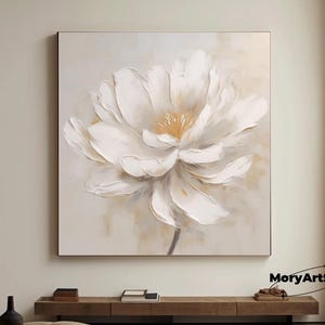 3D Texture Beige Flower Oil Painting Large Flower Wall Art Impasto Flower Wall Art Modern Living Room Decor White Minimalist Floral Art Gift