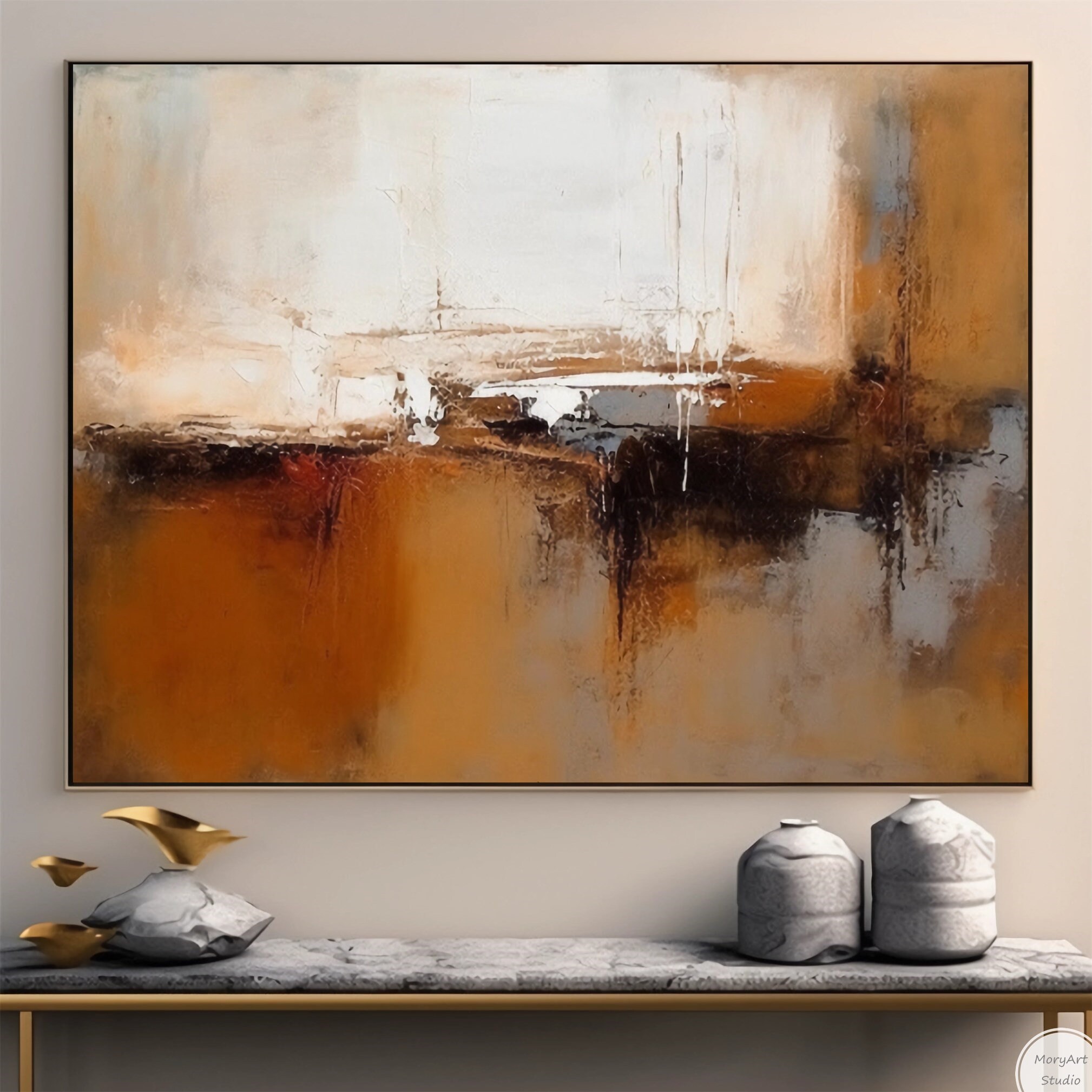Brown 3D Textured Wall Art Orange Abstract Minimalist Painting Brown ...