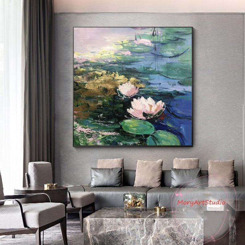 Large Original Lotus Oil Painting Impasto Water Lilies Art Claude Monet ...