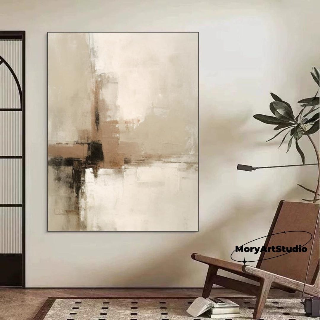 Brown Abstract Oil Painting Large Beige Textured Wabi-sabi Wall ...