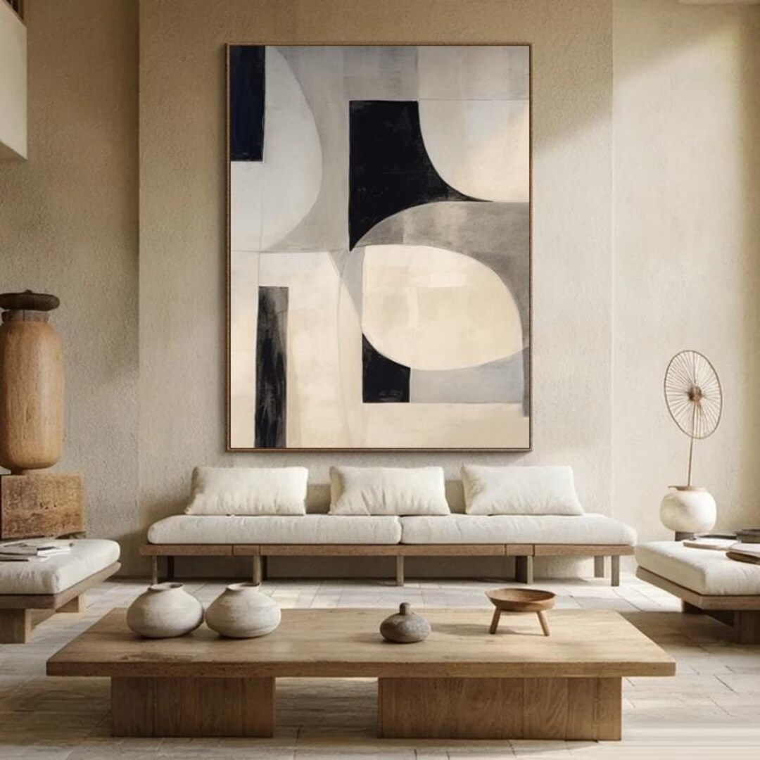 ブラックベージュの抽象アクリル画、グレーのミニマリスト幾何学