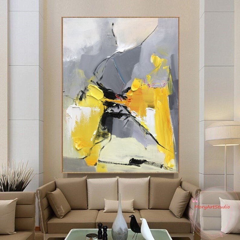 Large Yellow Textured Oil Painting Gray Minimalist Abstract Wall Art Hand Painted Color Abstract Painting On Canvas Large Vertical Art Gift