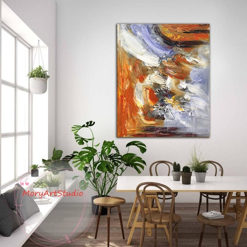 Large Abstract Brown Blue Oil Painting Oversized Orange Abstract Textured Canvas Wall Art Contemporary Brown Wall Art Living Room Wall Art image 5