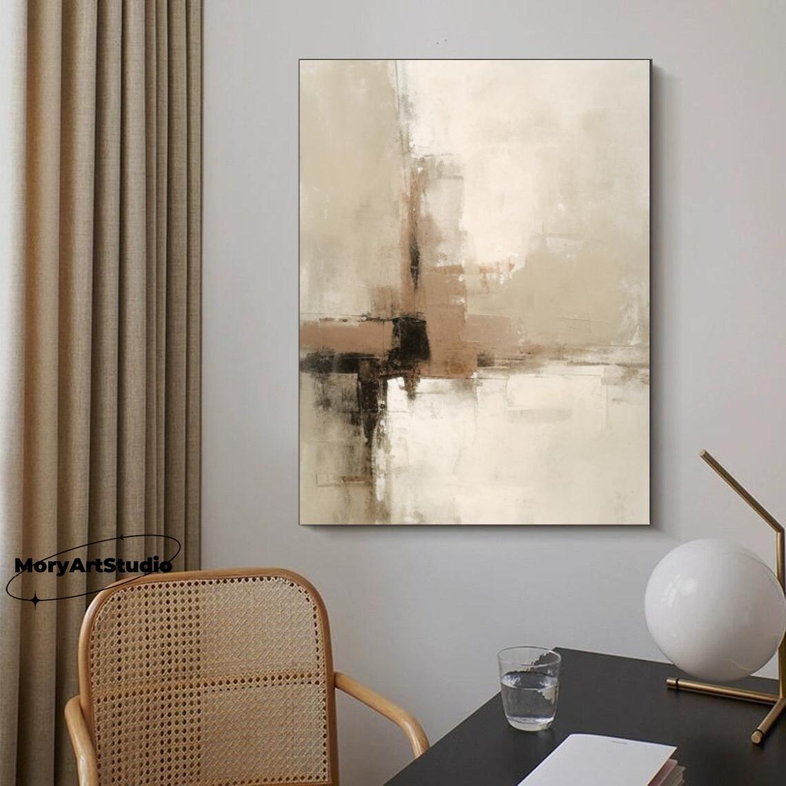 Brown Abstract Oil Painting Large Beige Textured Wabi-sabi Wall ...