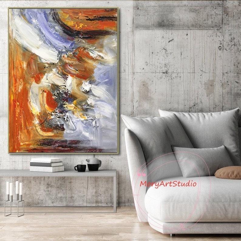 Large Abstract Brown Blue Oil Painting Oversized Orange Abstract Textured Canvas Wall Art Contemporary Brown Wall Art Living Room Wall Art image 2