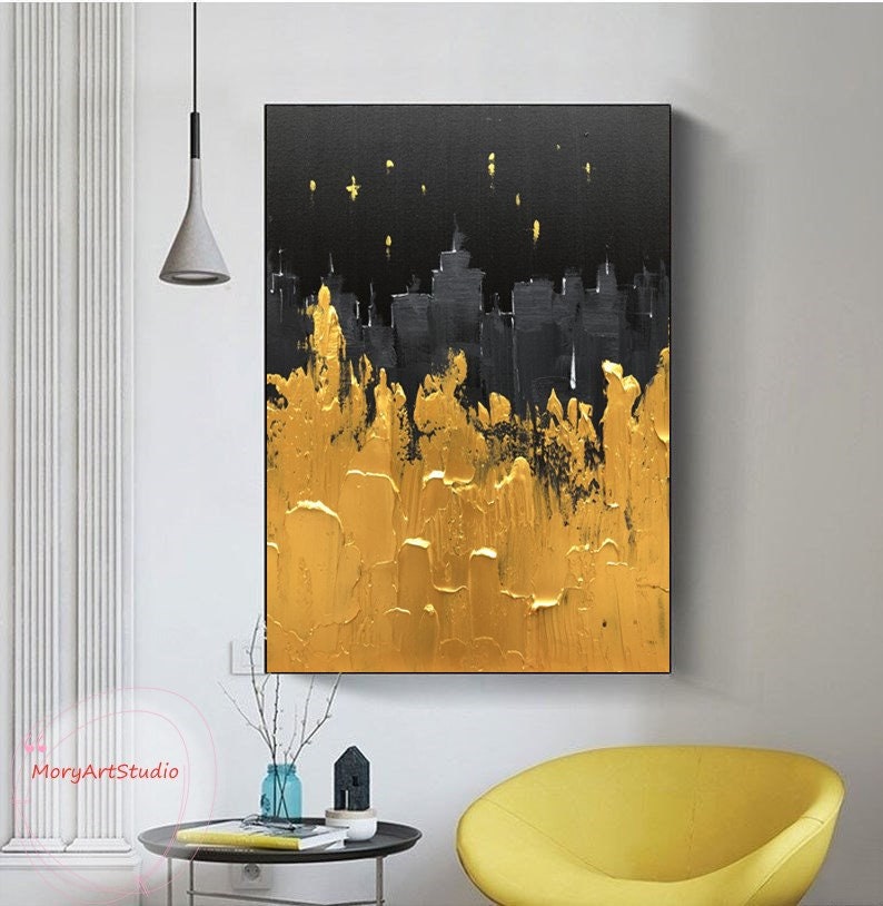 Extra Large Black Gold Canvas Wall Art for Living Room Original Gold Textured Abstract Oil ...