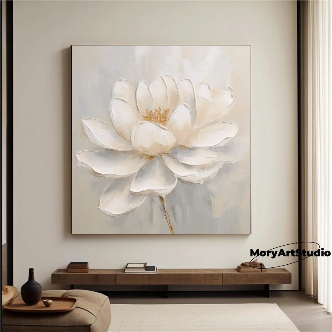 Large 3D White Blooming Flower Textured Painting White Floral Abstract ...