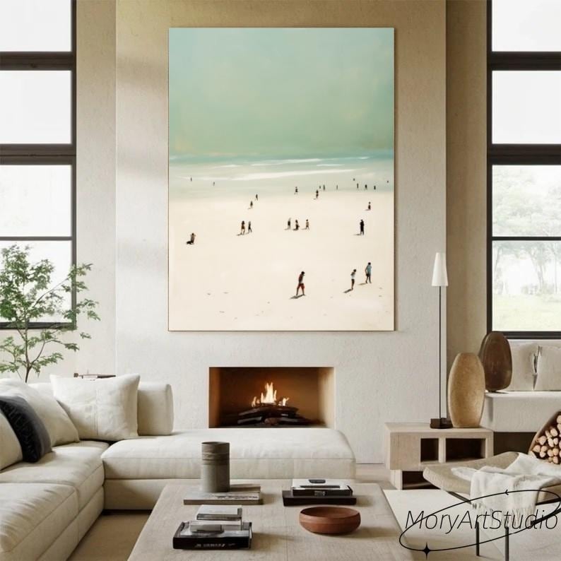 Sage Green Beige Minimalist Beach Painting Large 3D Textured Wall Art ...