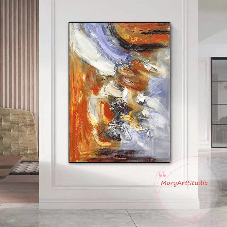 Large Abstract Brown Blue Oil Painting Oversized Orange Abstract Textured Canvas Wall Art Contemporary Brown Wall Art Living Room Wall Art image 3