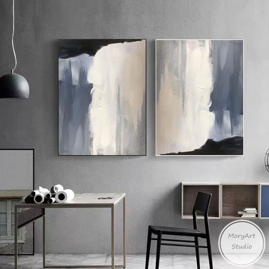 Grey Abstract Wall Art Large Abstract Black and Gray Painting Set of 2