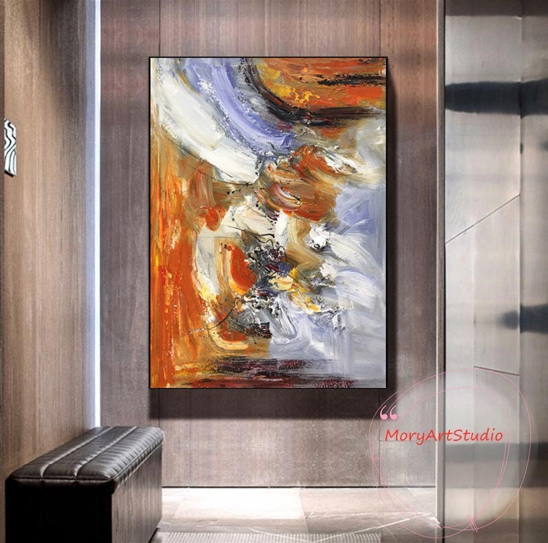 Large Abstract Brown Blue Oil Painting Oversized Orange Abstract Textured Canvas Wall Art Contemporary Brown Wall Art Living Room Wall Art image 6