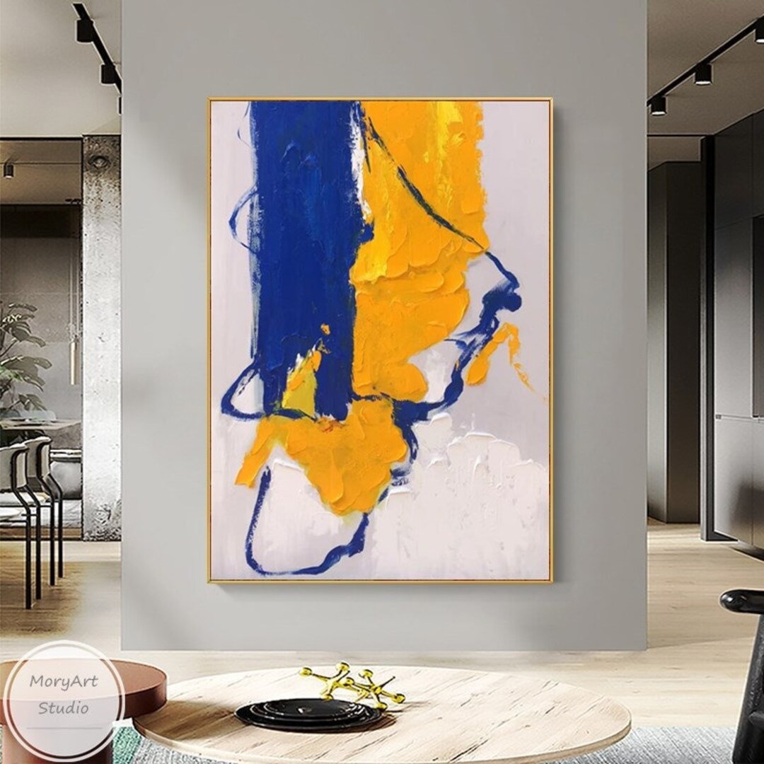 Yellow and Blue Abstract Oil Painting Large Abstract Modern White Wall ...