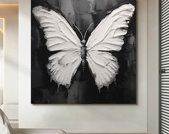 Handmade White Butterfly Oil Painting, 3D White Butterfly Painting On Canvas, Black Abstract Acrylic Textured Wall Art Living Room Decor