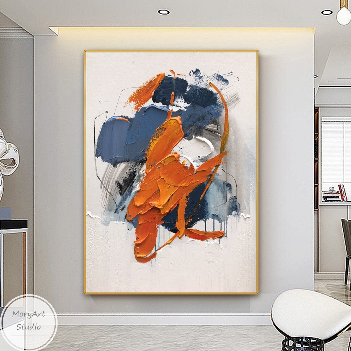 Large Abstract Blue Painting Colorful Painting on Canvas Orange ...
