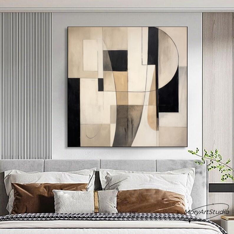 Large Black White Abstract Geometric Oil Painting Modern Wabi Sabi Wall ...