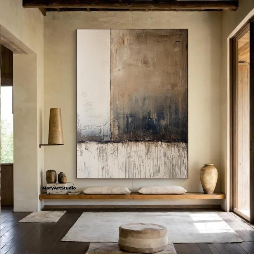 Large Brown Beige Abstract Wabi Sabi Oil Painting Geometric Minimalist ...