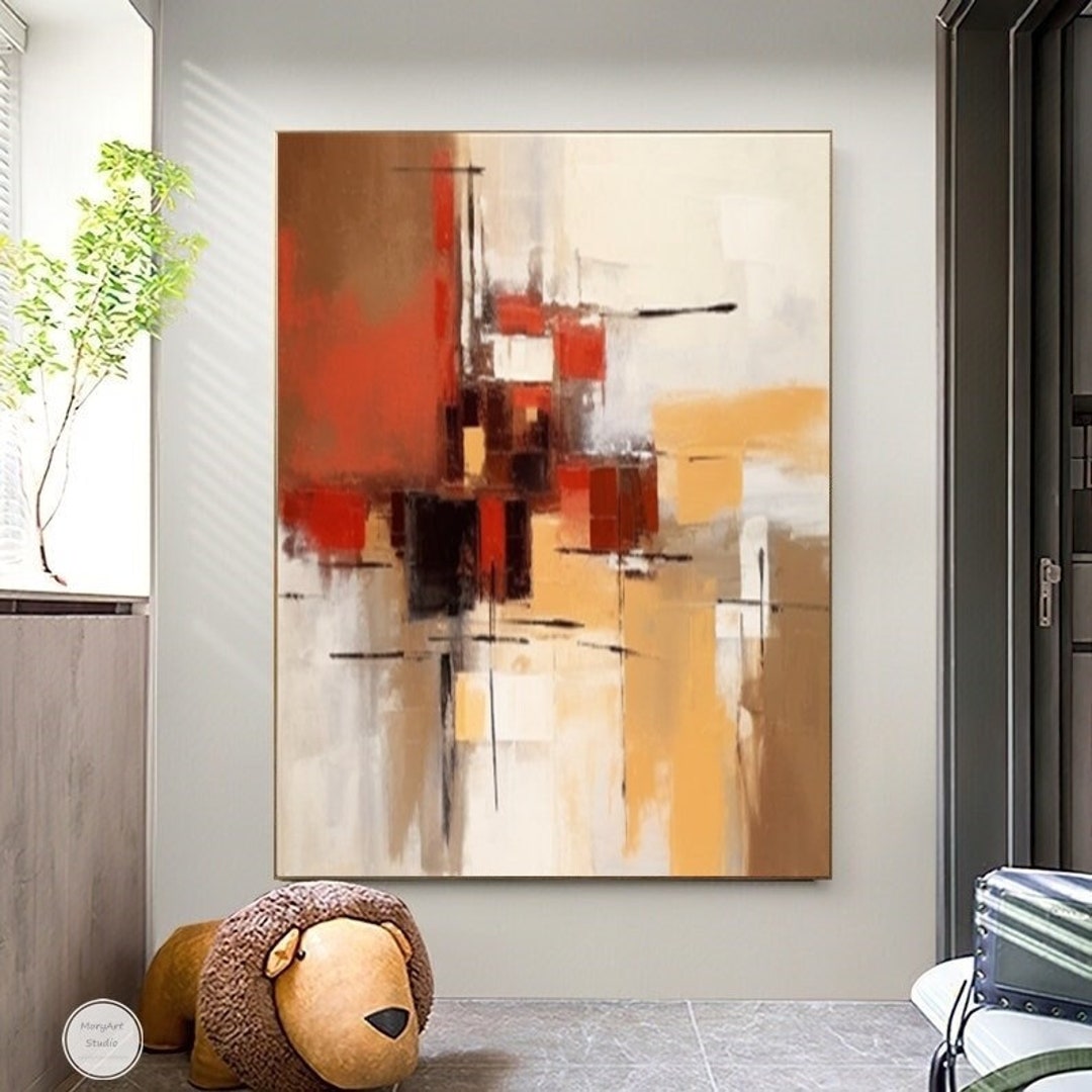 Large Orange Abstract Painting on Canvas Red Painting Brown Wabi Sabi ...