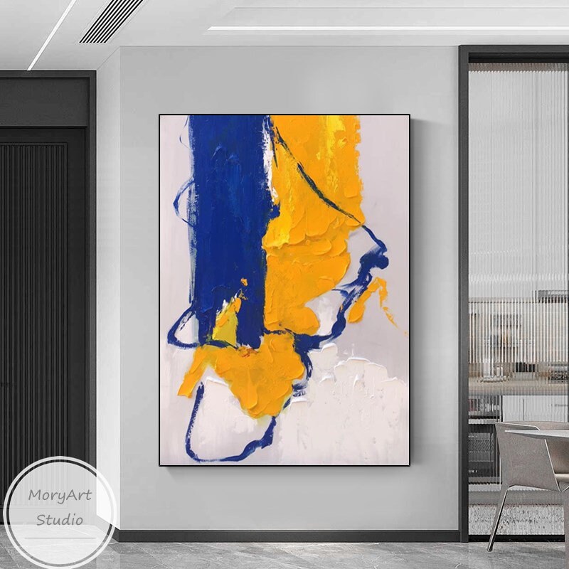 Yellow and Blue Abstract Oil Painting Large Abstract Modern White Wall ...