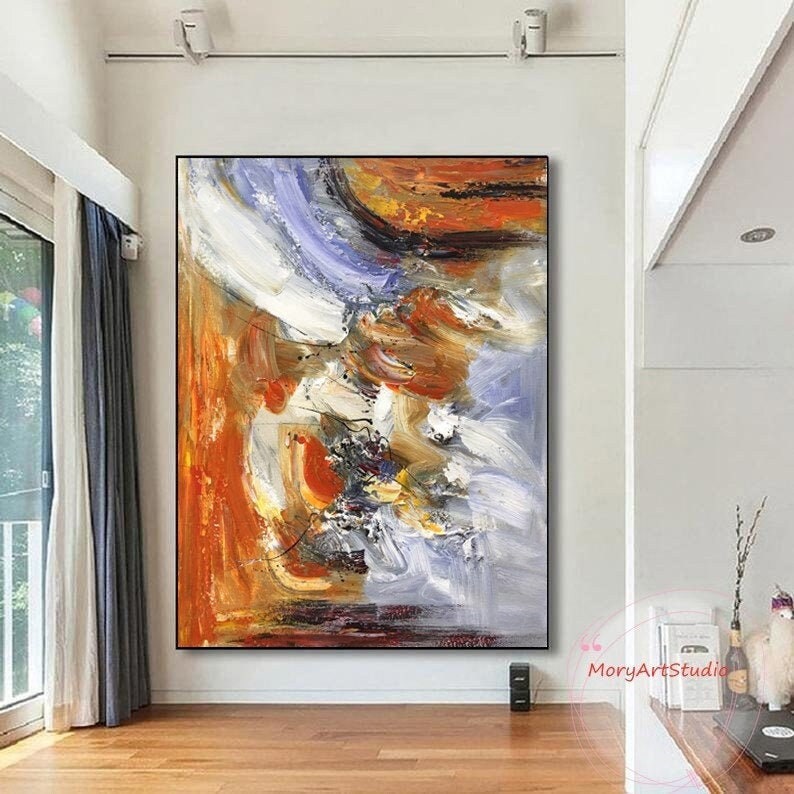 Large Abstract Brown Blue Oil Painting Oversized Orange Abstract Textured Canvas Wall Art Contemporary Brown Wall Art Living Room Wall Art image 1