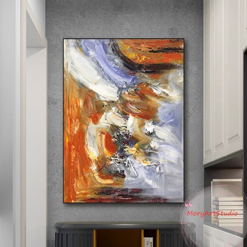Large Abstract Brown Blue Oil Painting Oversized Orange Abstract Textured Canvas Wall Art Contemporary Brown Wall Art Living Room Wall Art image 4